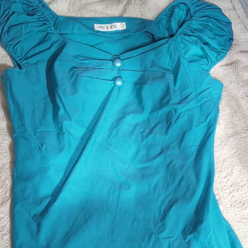 Blue Ruched Cap Sleeve Blouse